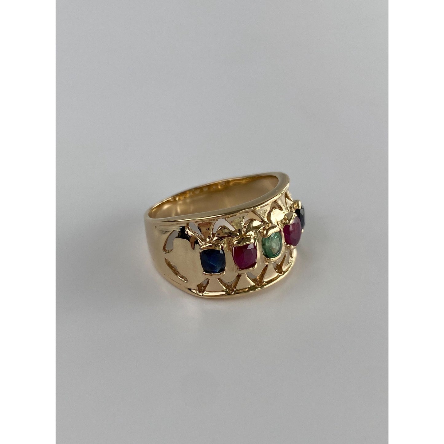 Solid 14k Yellow Gold Sapphire Ruby Emerald Row Ring Band - Size 7.5