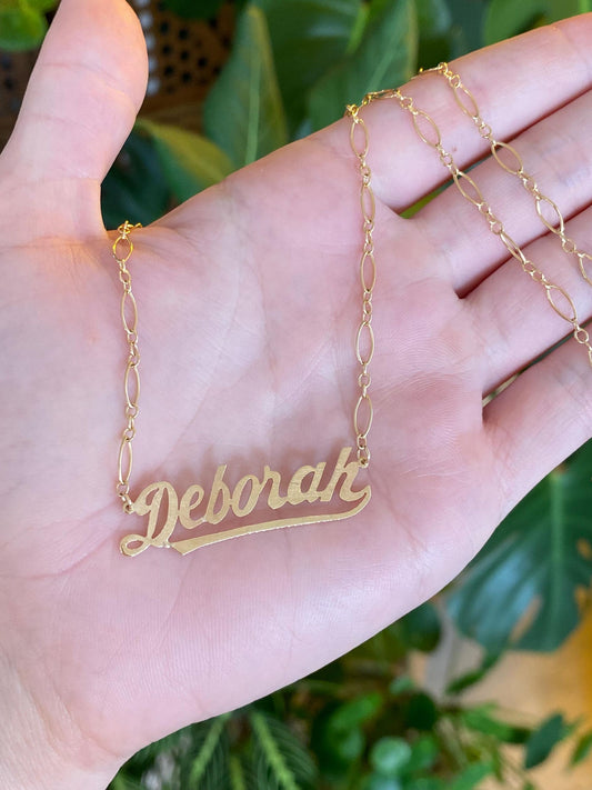 Vintage Solid 14k Yellow Gold 'Deborah' Nameplate Fancy Chain Necklace - 18.5 inches