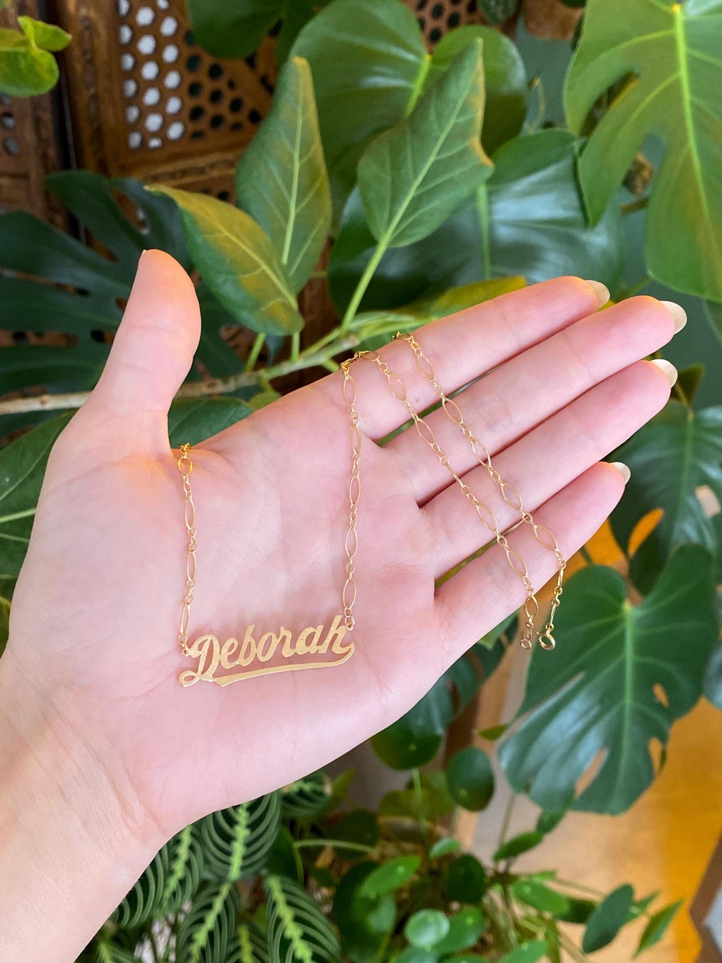 Vintage Solid 14k Yellow Gold 'Deborah' Nameplate Fancy Chain Necklace - 18.5 inches