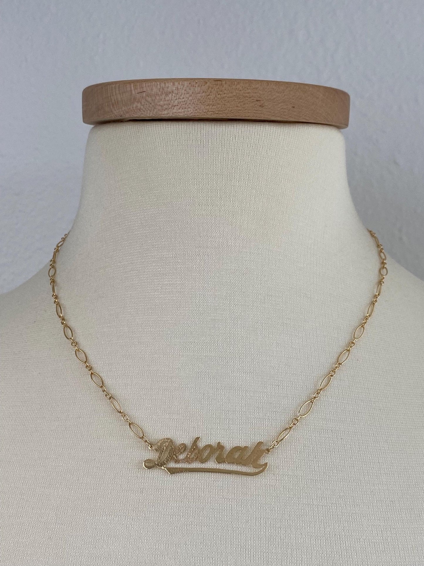 Vintage Solid 14k Yellow Gold 'Deborah' Nameplate Fancy Chain Necklace - 18.5 inches