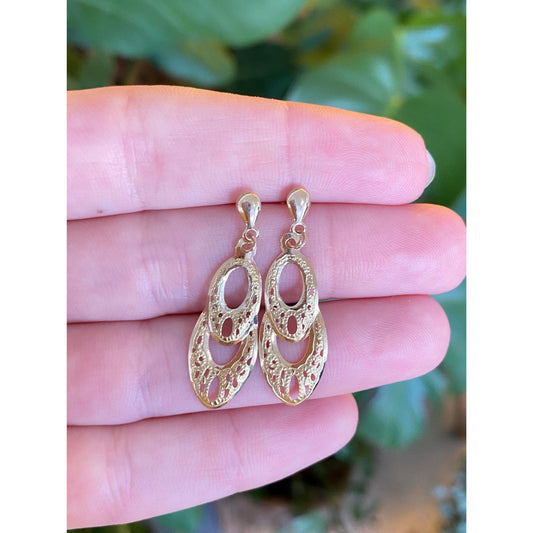 Vintage Solid 14k Yellow Gold Open Work Dangle Stud Earrings