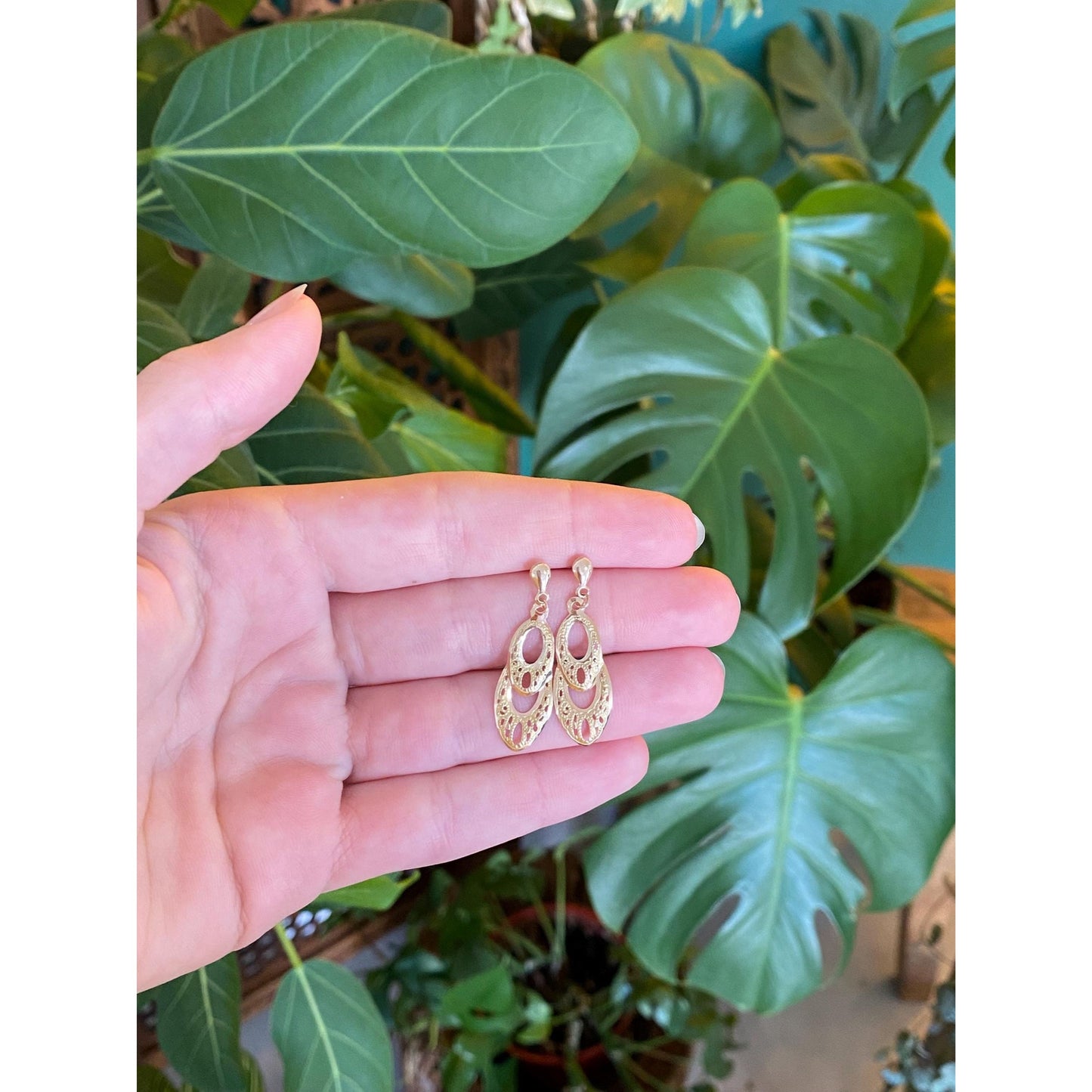 Vintage Solid 14k Yellow Gold Open Work Dangle Stud Earrings