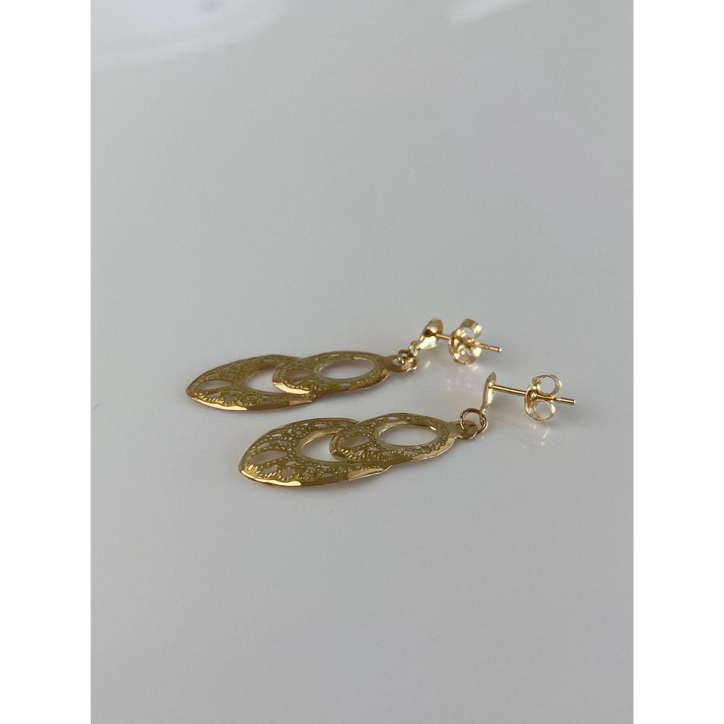 Vintage Solid 14k Yellow Gold Open Work Dangle Stud Earrings