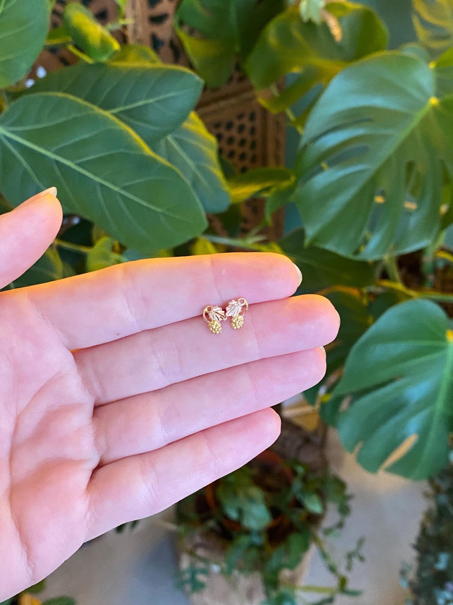Vintage Solid 14k Rose & Yellow Gold Grape Vine Stud Earrings