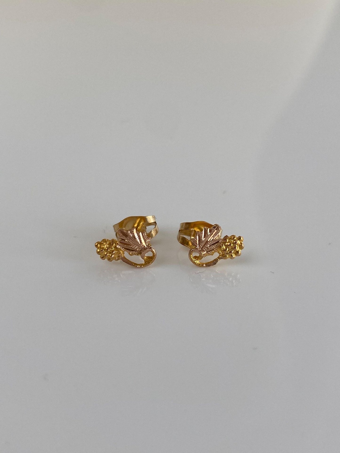 Vintage Solid 14k Rose & Yellow Gold Grape Vine Stud Earrings