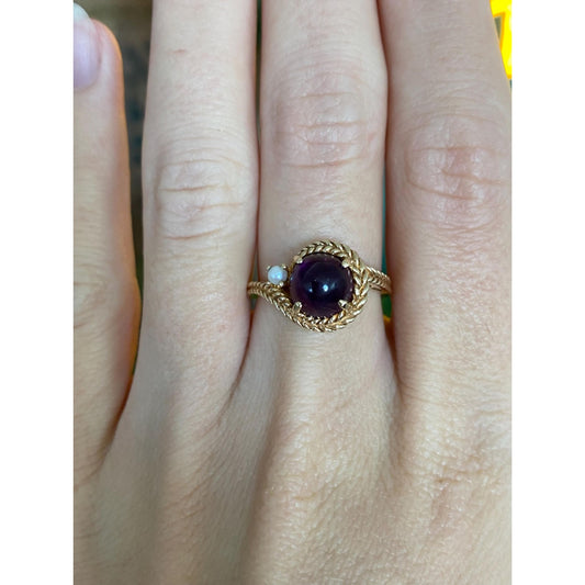 Solid 10k Yellow Gold Amethyst Seed Pearl Rope Ring - Size 6.25