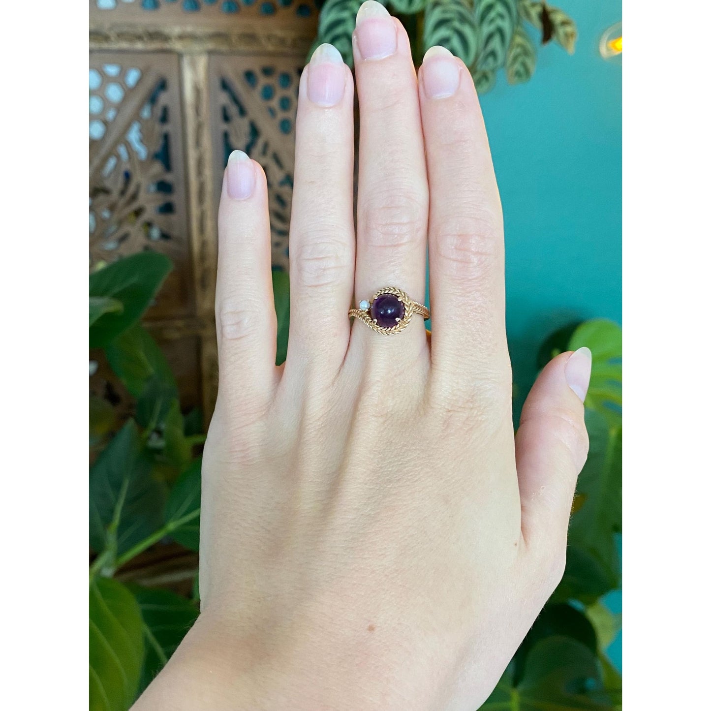 Solid 10k Yellow Gold Amethyst Seed Pearl Rope Ring - Size 6.25