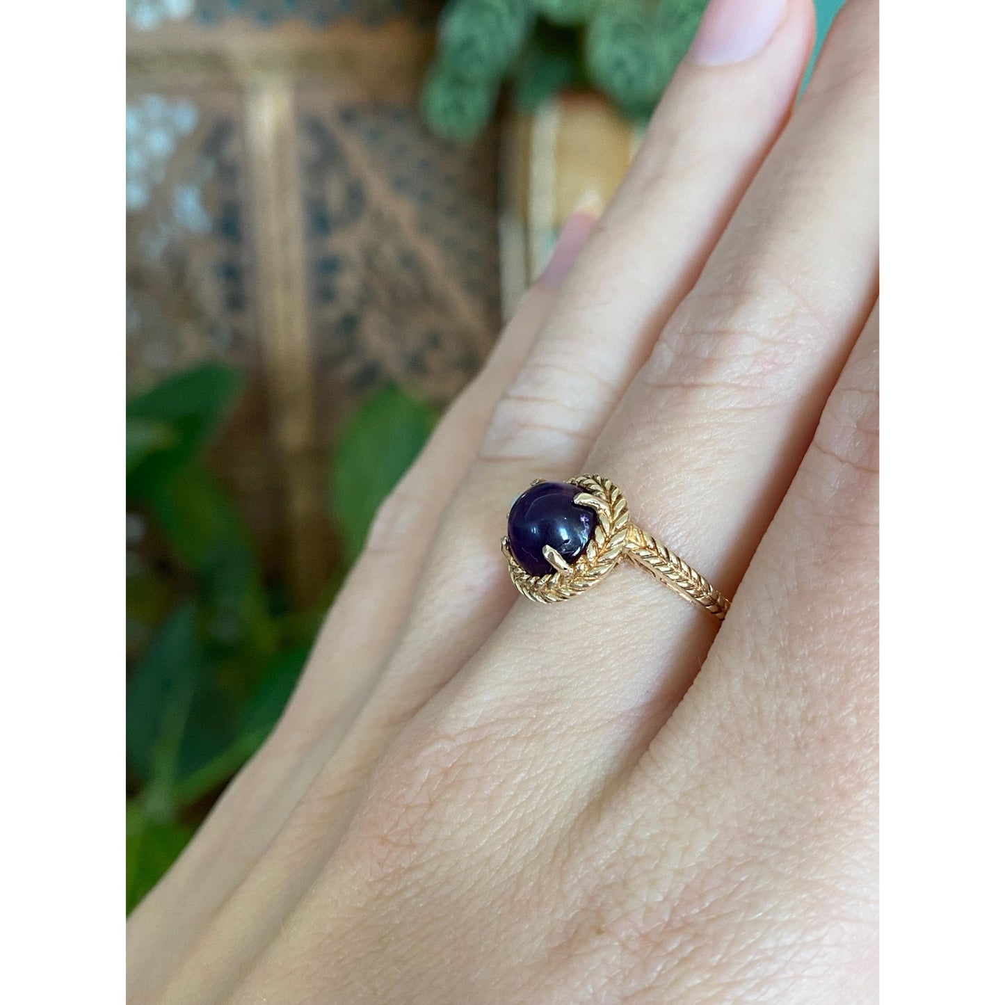 Solid 10k Yellow Gold Amethyst Seed Pearl Rope Ring - Size 6.25