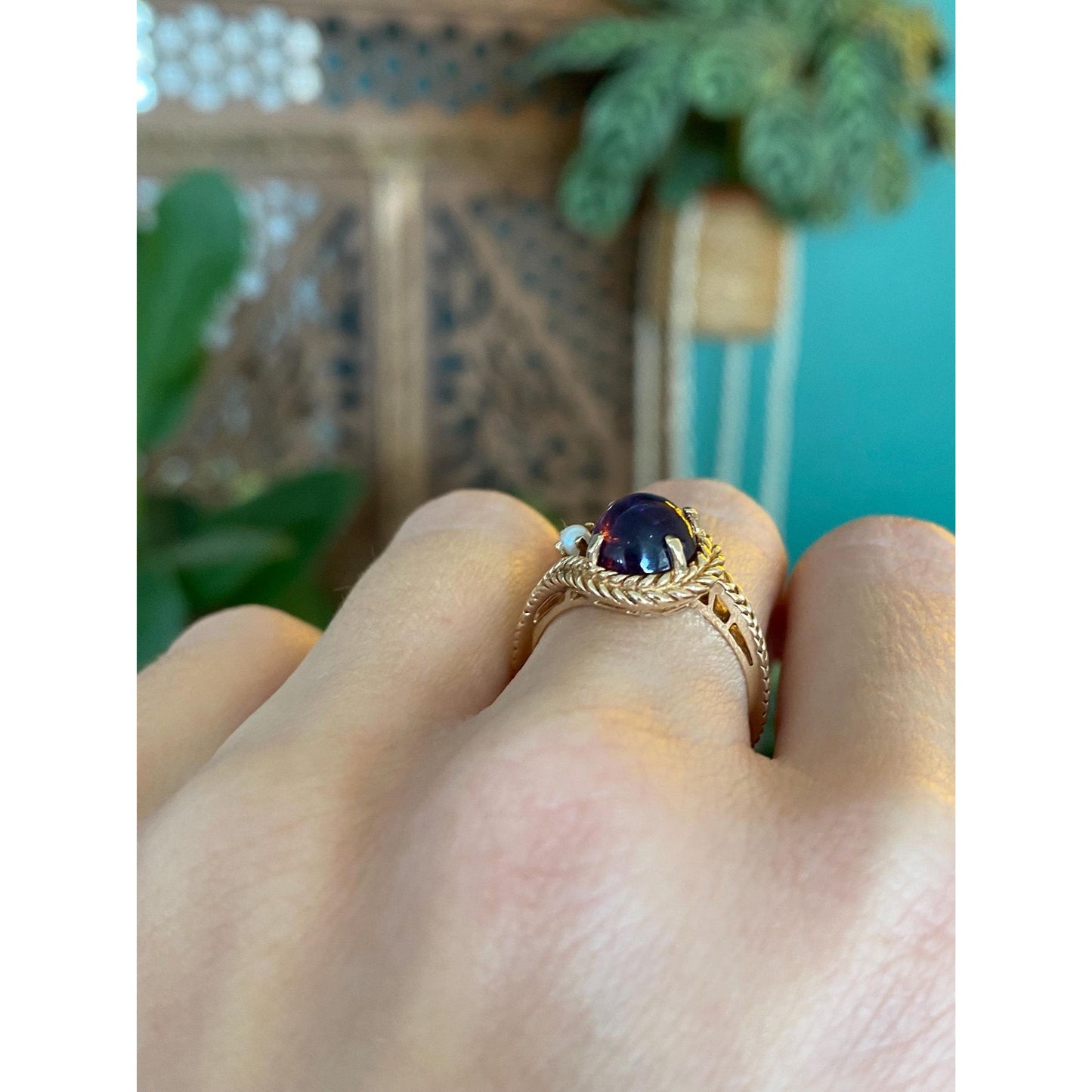 Solid 10k Yellow Gold Amethyst Seed Pearl Rope Ring - Size 6.25