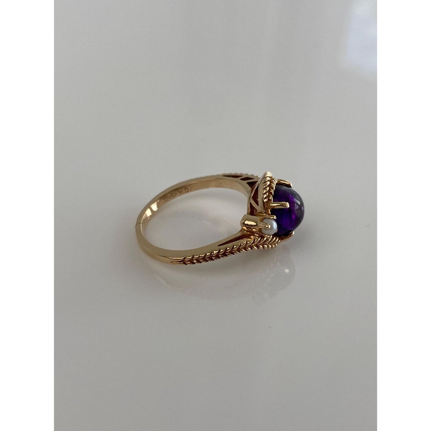 Solid 10k Yellow Gold Amethyst Seed Pearl Rope Ring - Size 6.25
