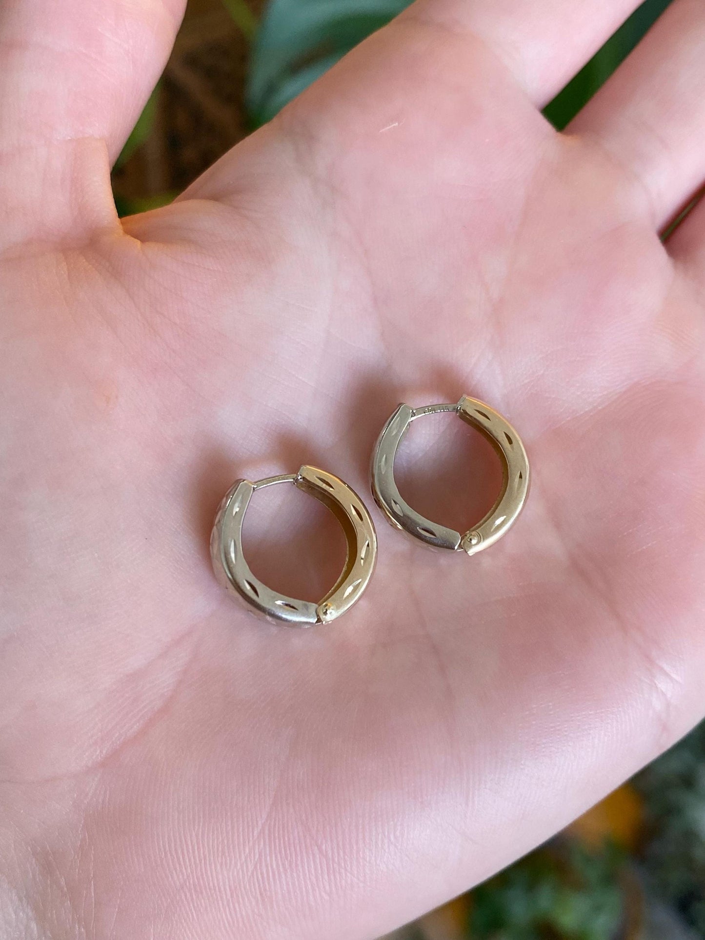 Vintage Solid 14k White & Yellow Gold Diamond Cut Hoop Earrings