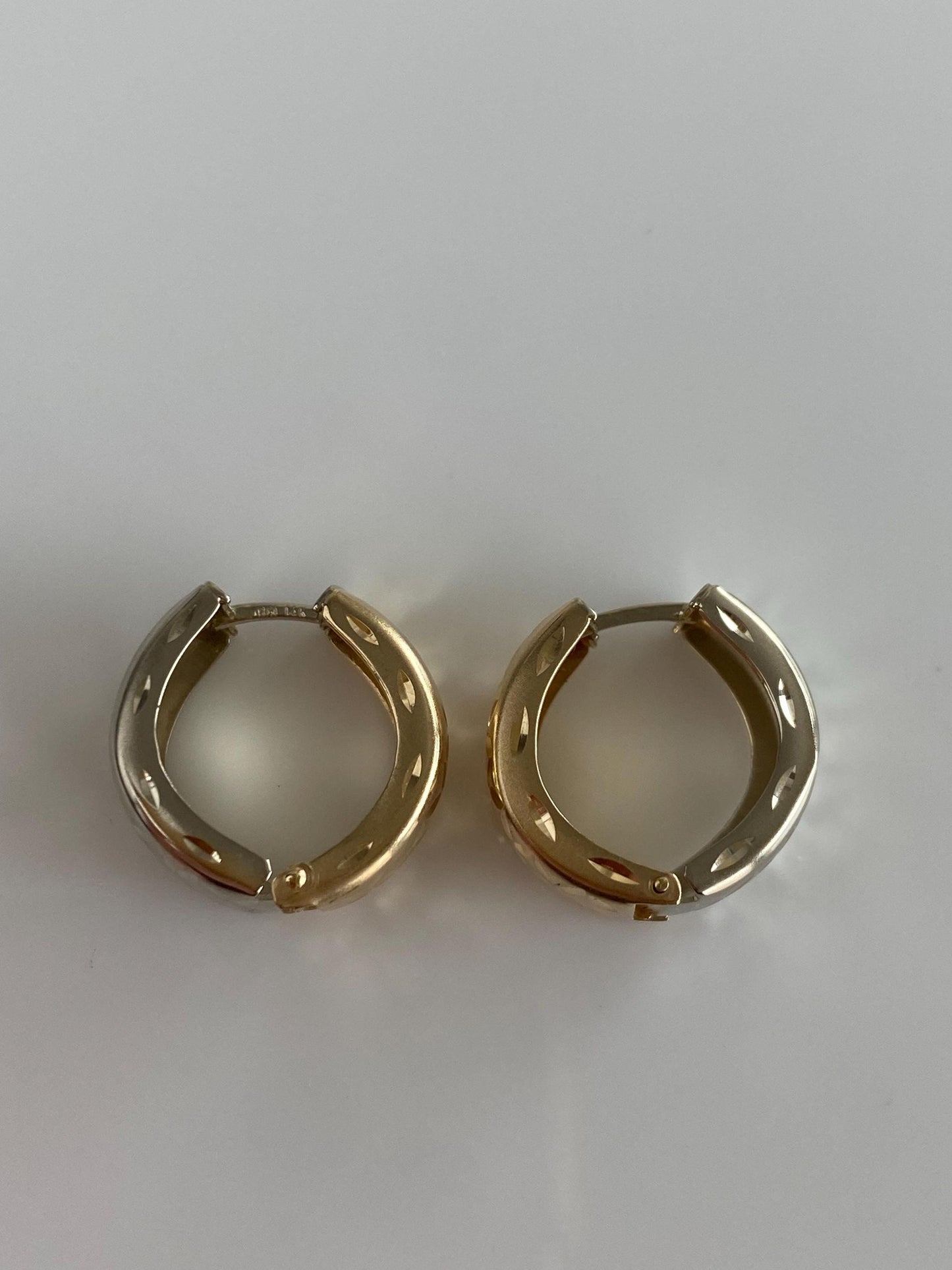 Vintage Solid 14k White & Yellow Gold Diamond Cut Hoop Earrings