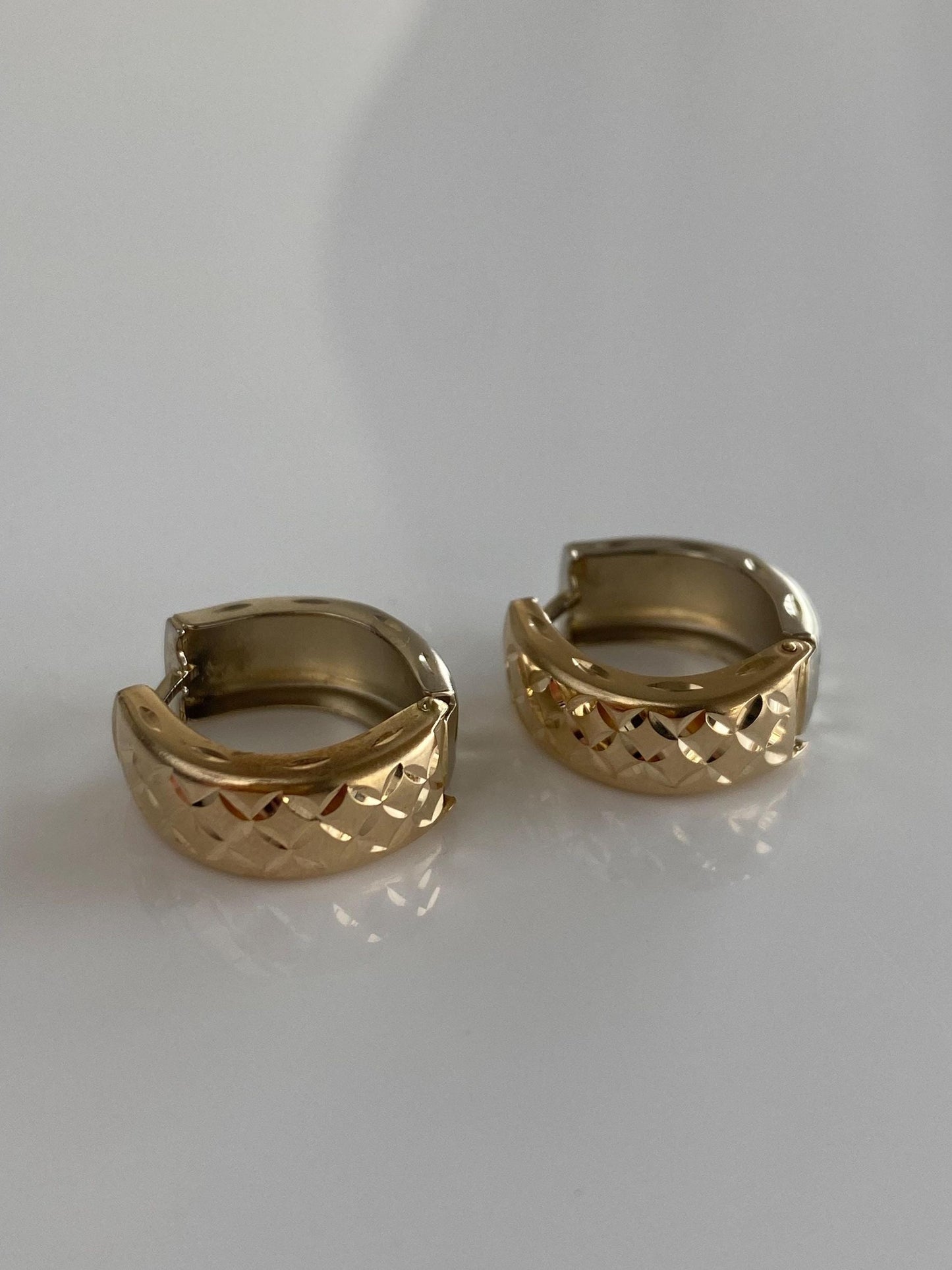 Vintage Solid 14k White & Yellow Gold Diamond Cut Hoop Earrings