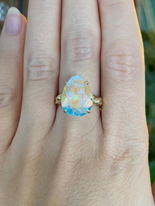 Vintage Solid 14k Yellow Gold Teardrop Rose Cut Aura Quartz Ring - Size 6.75