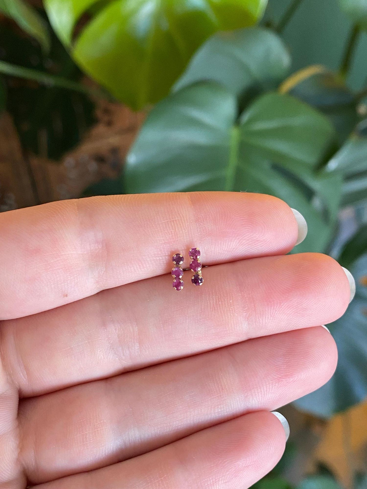 Vintage Solid 14k Yellow Gold Pink Sapphire Row Stud Earrings