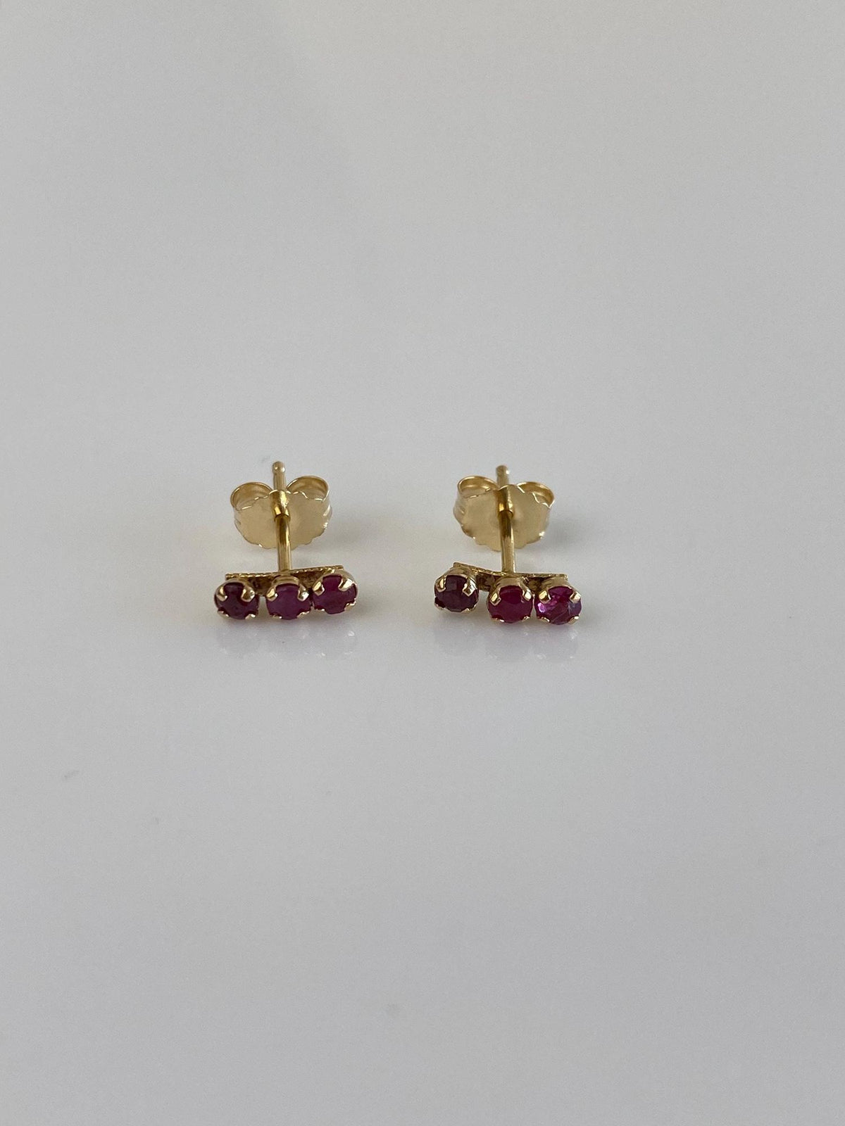 Vintage Solid 14k Yellow Gold Pink Sapphire Row Stud Earrings