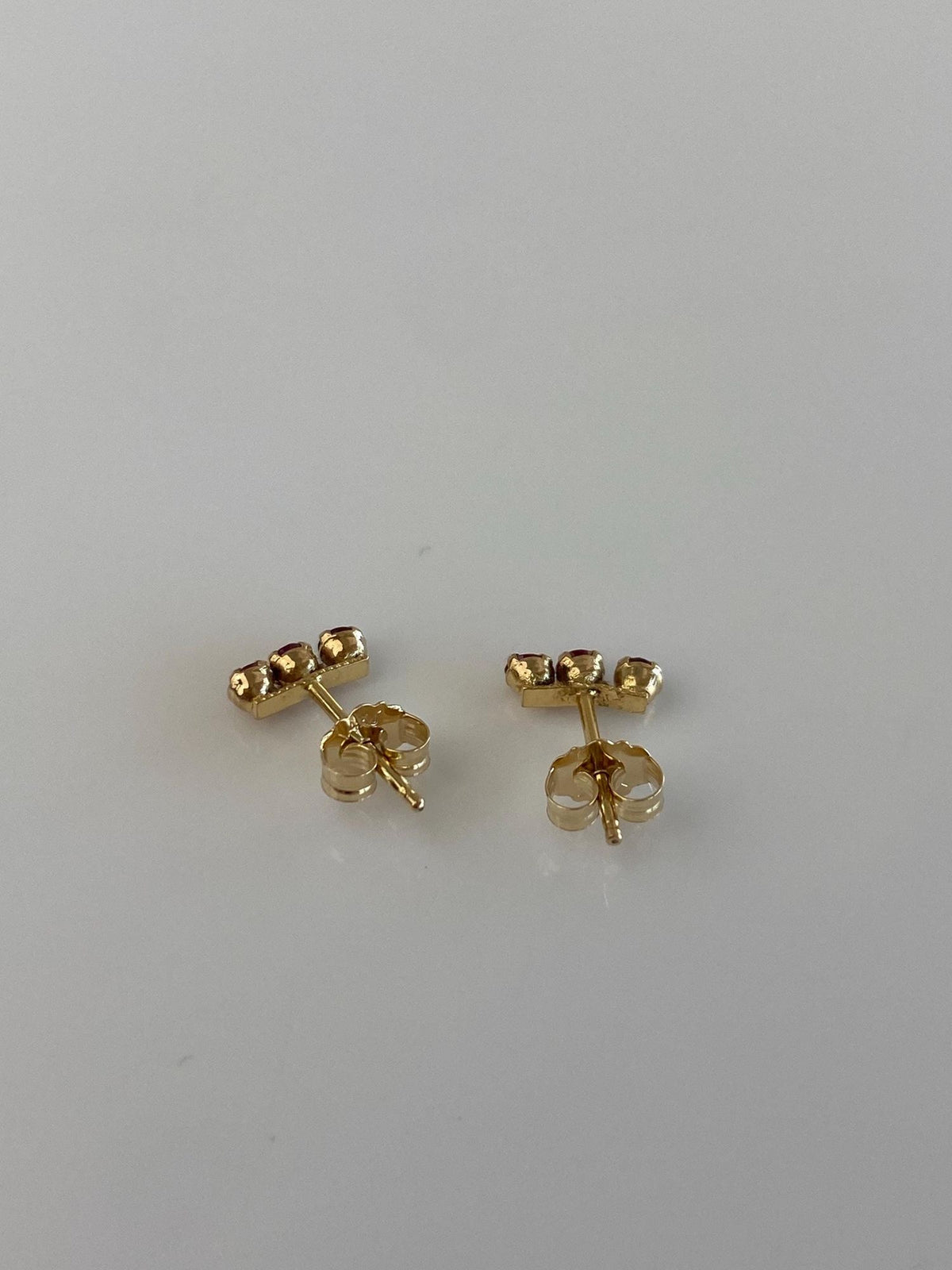 Vintage Solid 14k Yellow Gold Pink Sapphire Row Stud Earrings