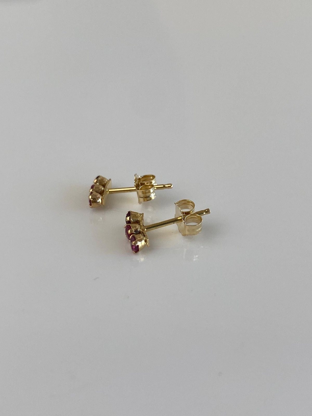 Vintage Solid 14k Yellow Gold Pink Sapphire Row Stud Earrings
