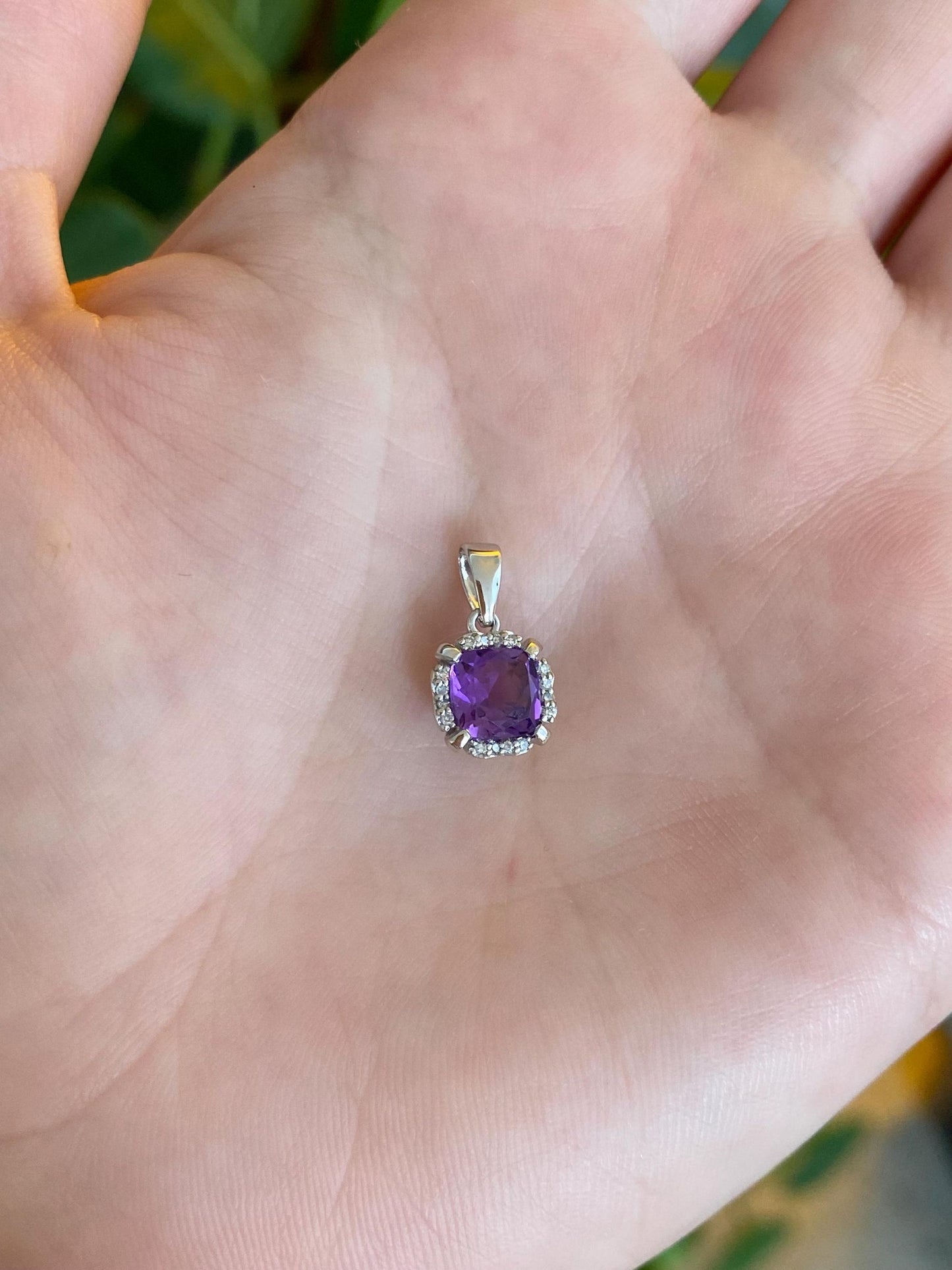 Solid 14k White Gold Amethyst Diamond Halo Charm