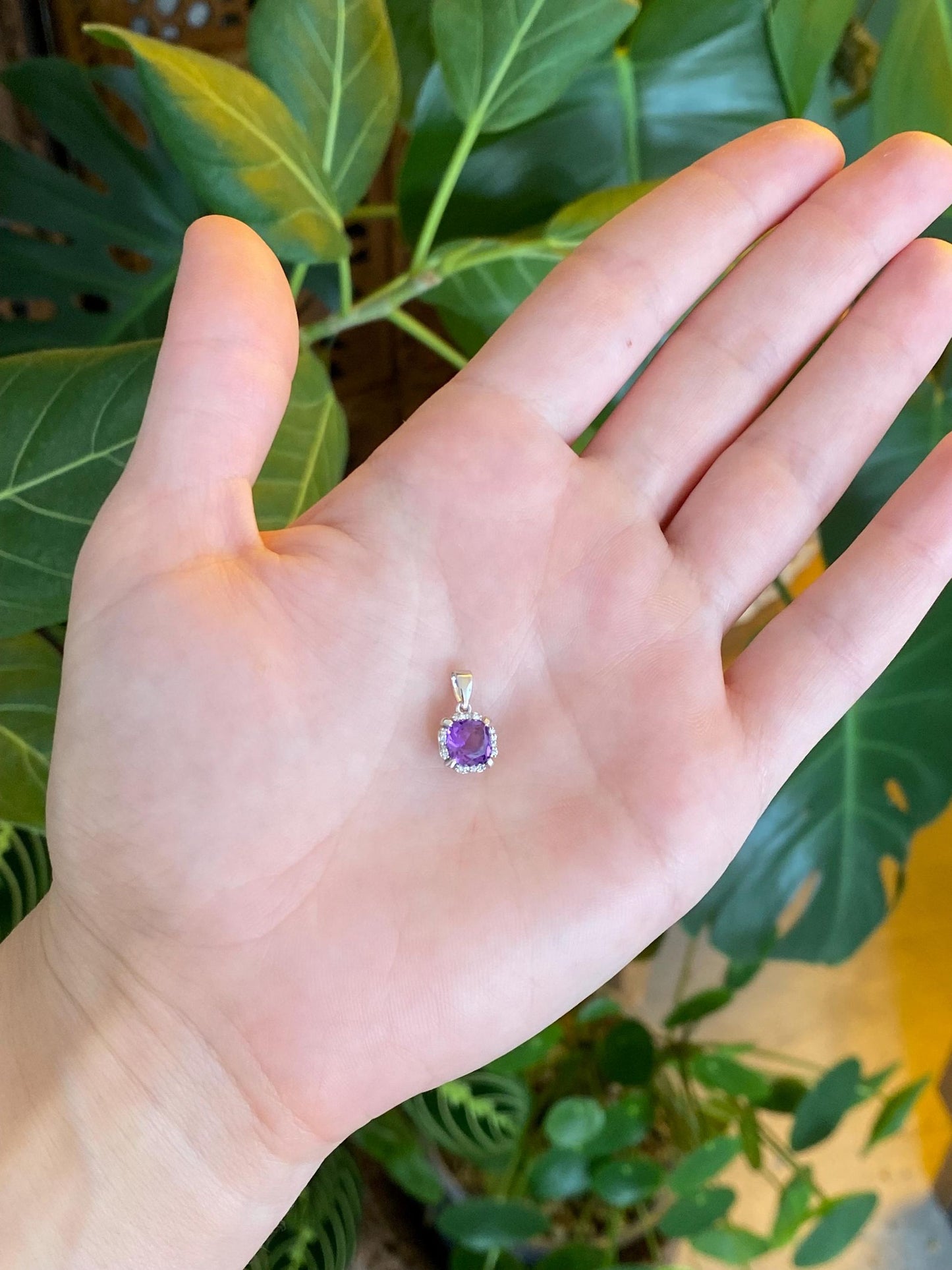 Solid 14k White Gold Amethyst Diamond Halo Charm