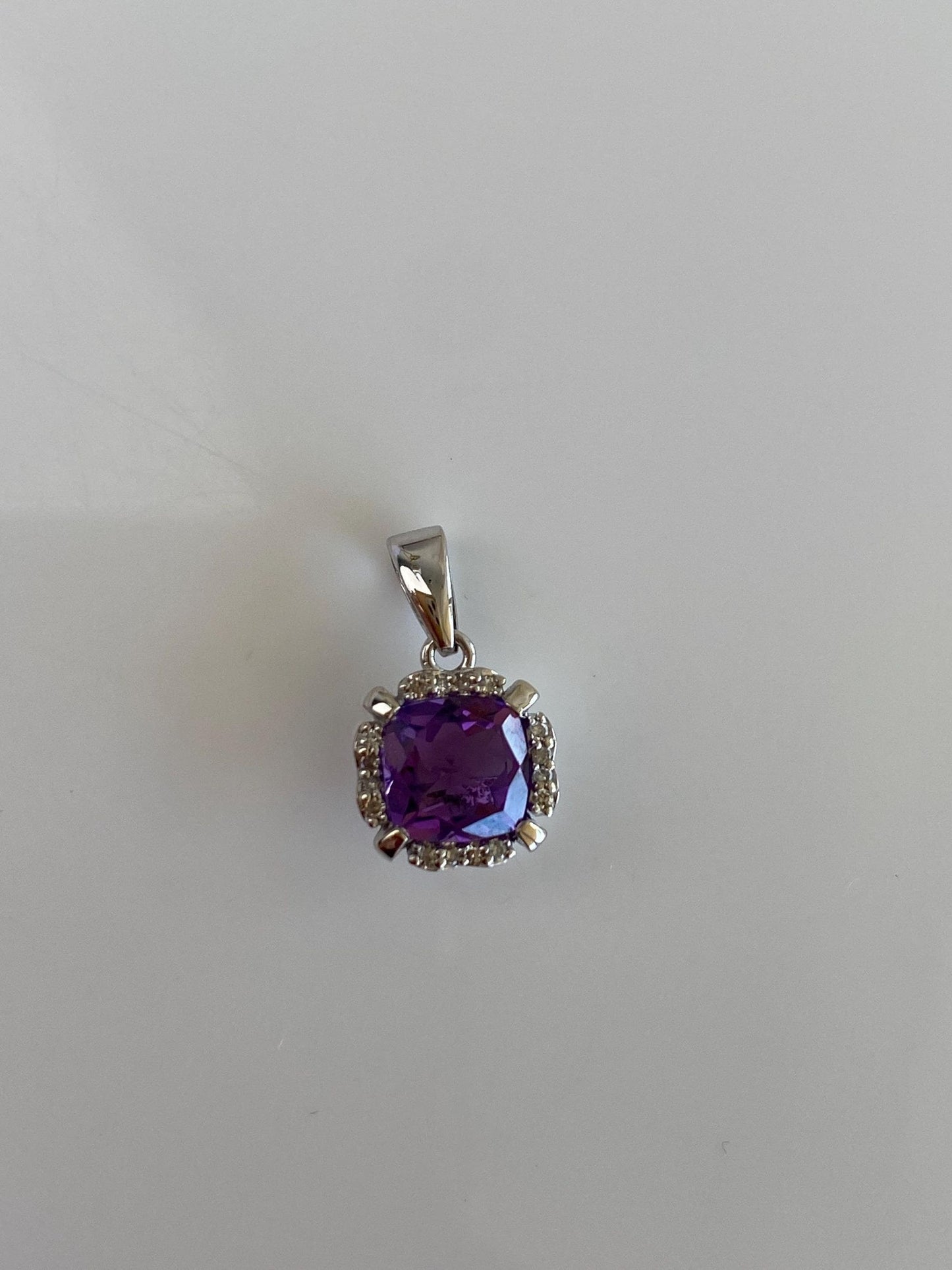 Solid 14k White Gold Amethyst Diamond Halo Charm