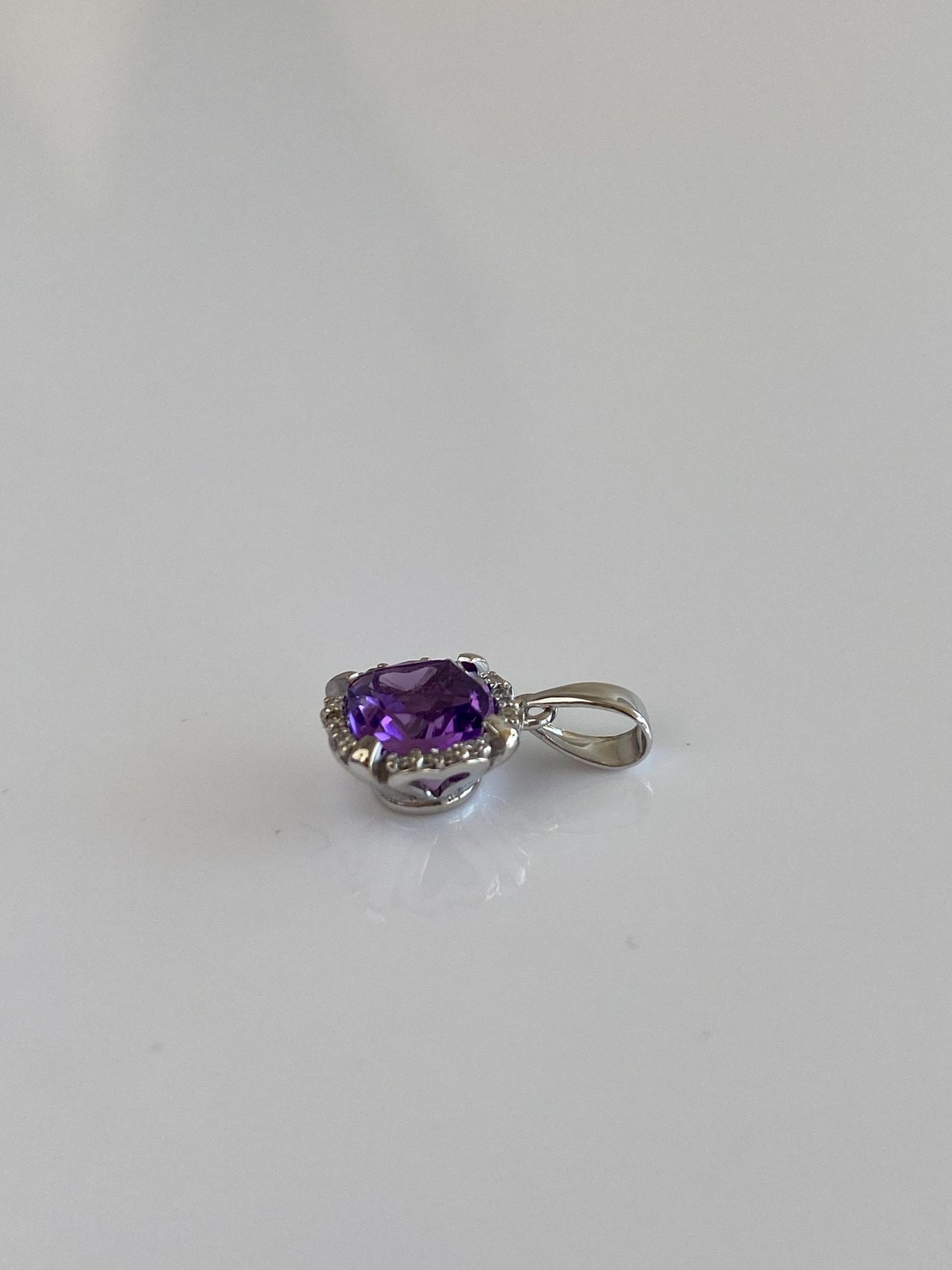 Solid 14k White Gold Amethyst Diamond Halo Charm
