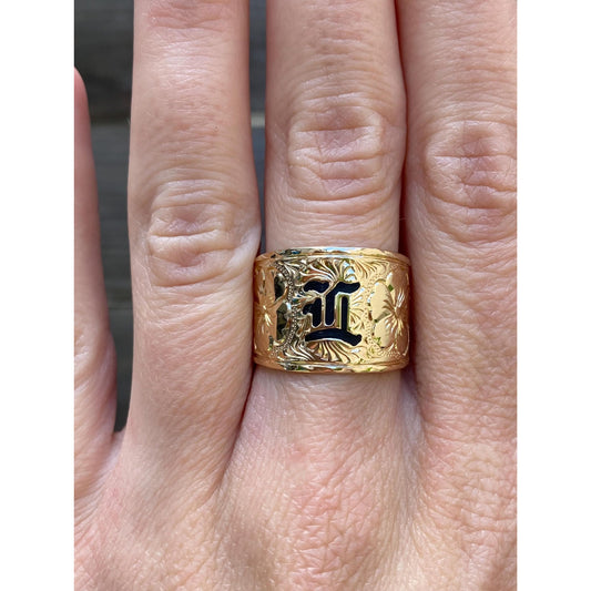 Vintage Solid 14k Yellow Gold Black Enamel Hawaiian Palekaiko Paradise Floral Engraved Ring Band - Size 7.75
