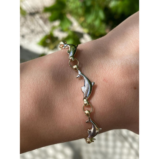 Vintage 14k White & Yellow Gold Dolphin Link Bracelet - 7.25 inches
