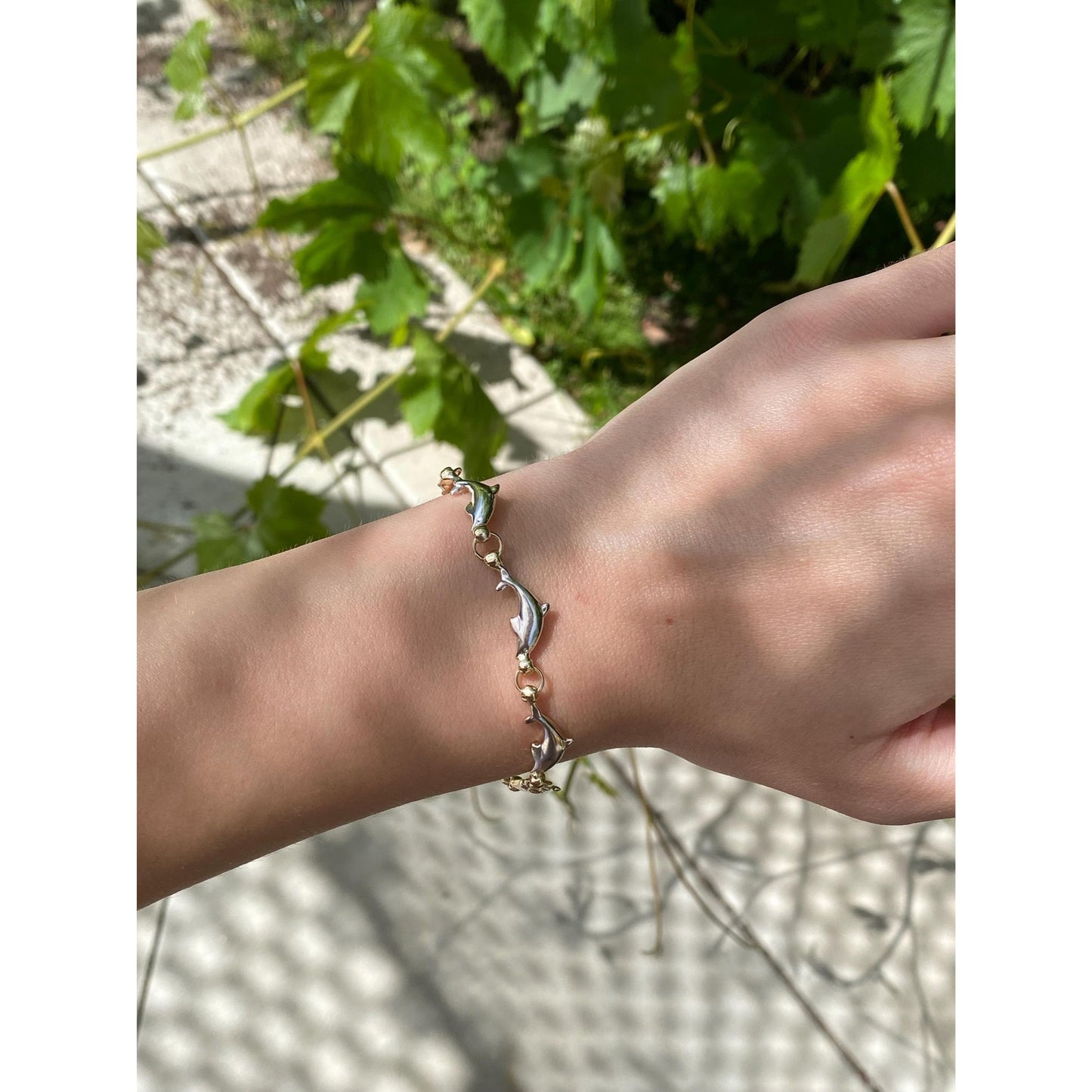 Vintage 14k White & Yellow Gold Dolphin Link Bracelet - 7.25 inches