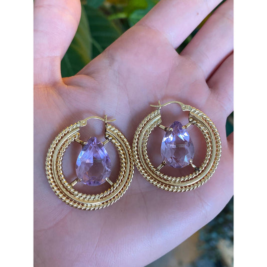 Vintage 14k Yellow Gold Amethyst Hoop Earrings
