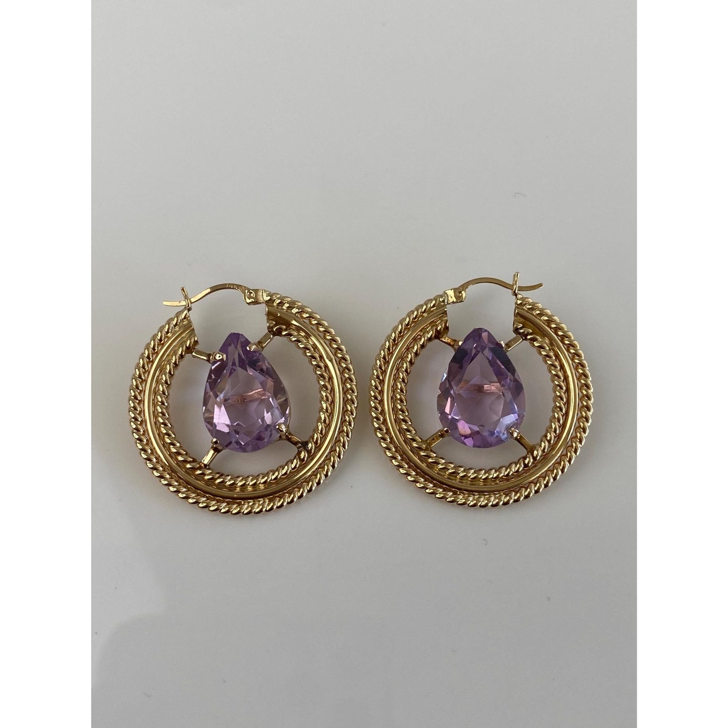 Vintage 14k Yellow Gold Amethyst Hoop Earrings