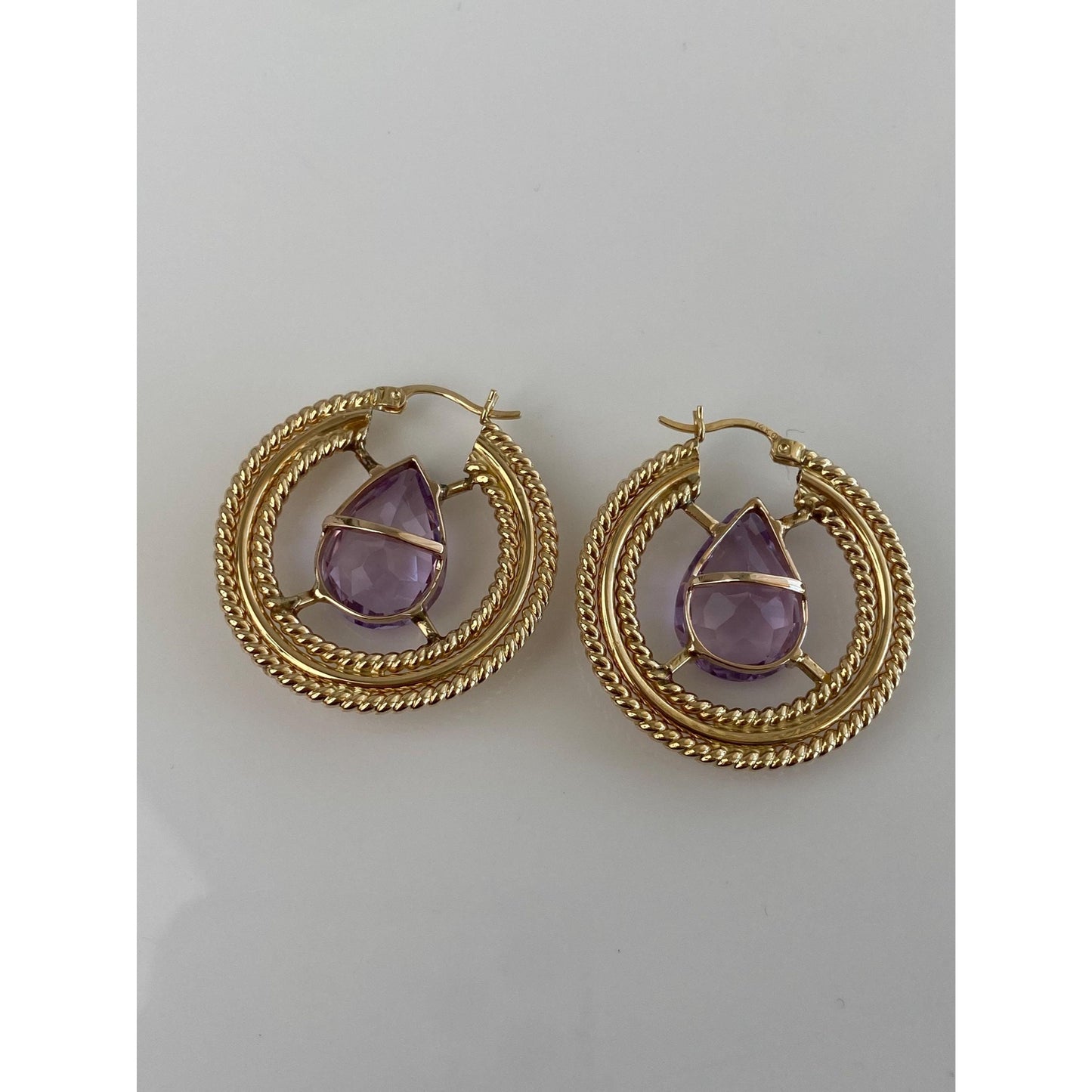 Vintage 14k Yellow Gold Amethyst Hoop Earrings