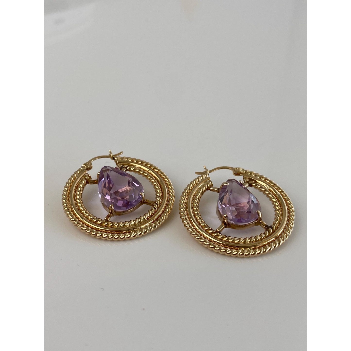 Vintage 14k Yellow Gold Amethyst Hoop Earrings