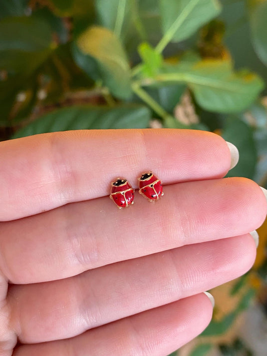 Vintage 14k Yellow Gold Enamel Ladybug Stud Earrings