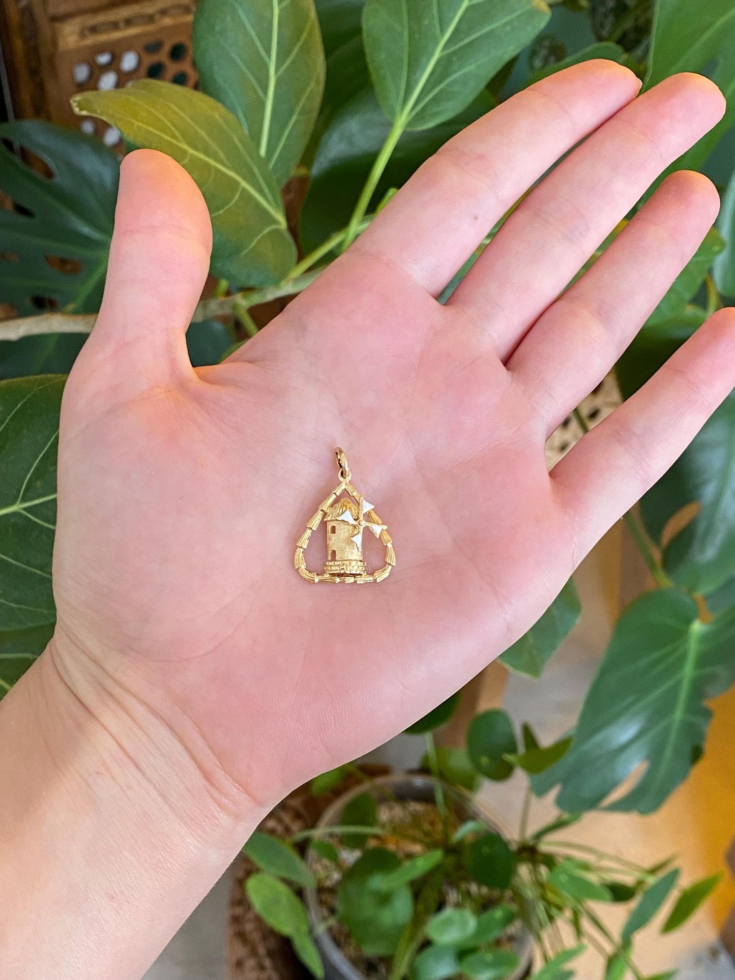 Vintage Solid 18k Yellow Gold Articulated White Enamel Windmill Charm
