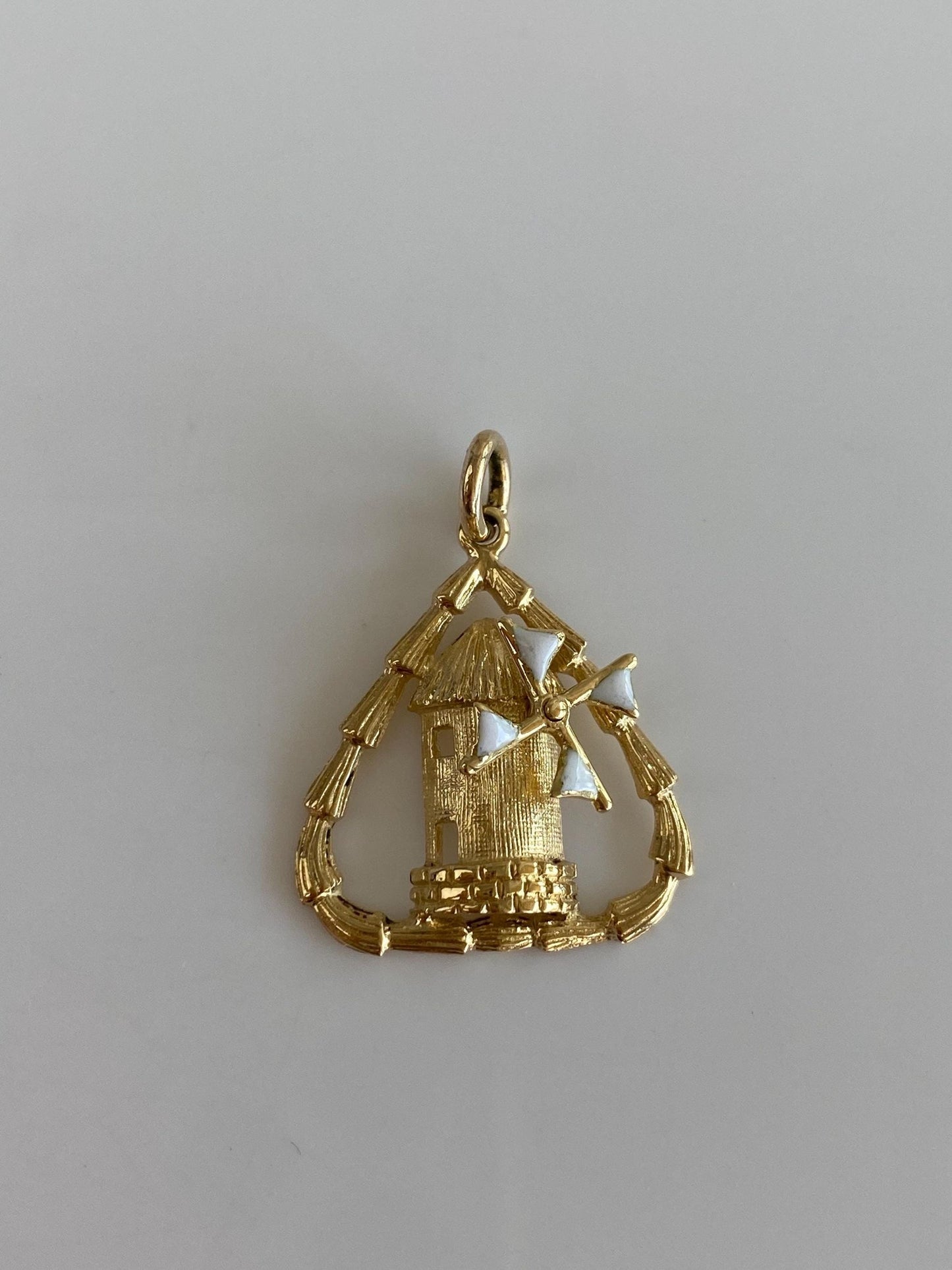 Vintage Solid 18k Yellow Gold Articulated White Enamel Windmill Charm