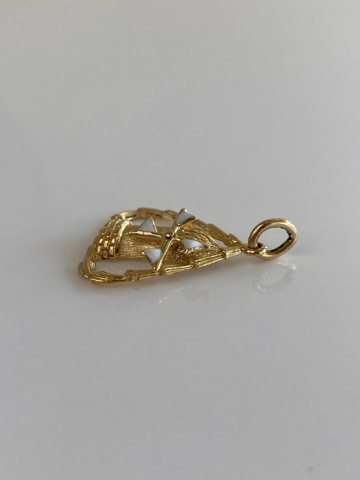 Vintage Solid 18k Yellow Gold Articulated White Enamel Windmill Charm