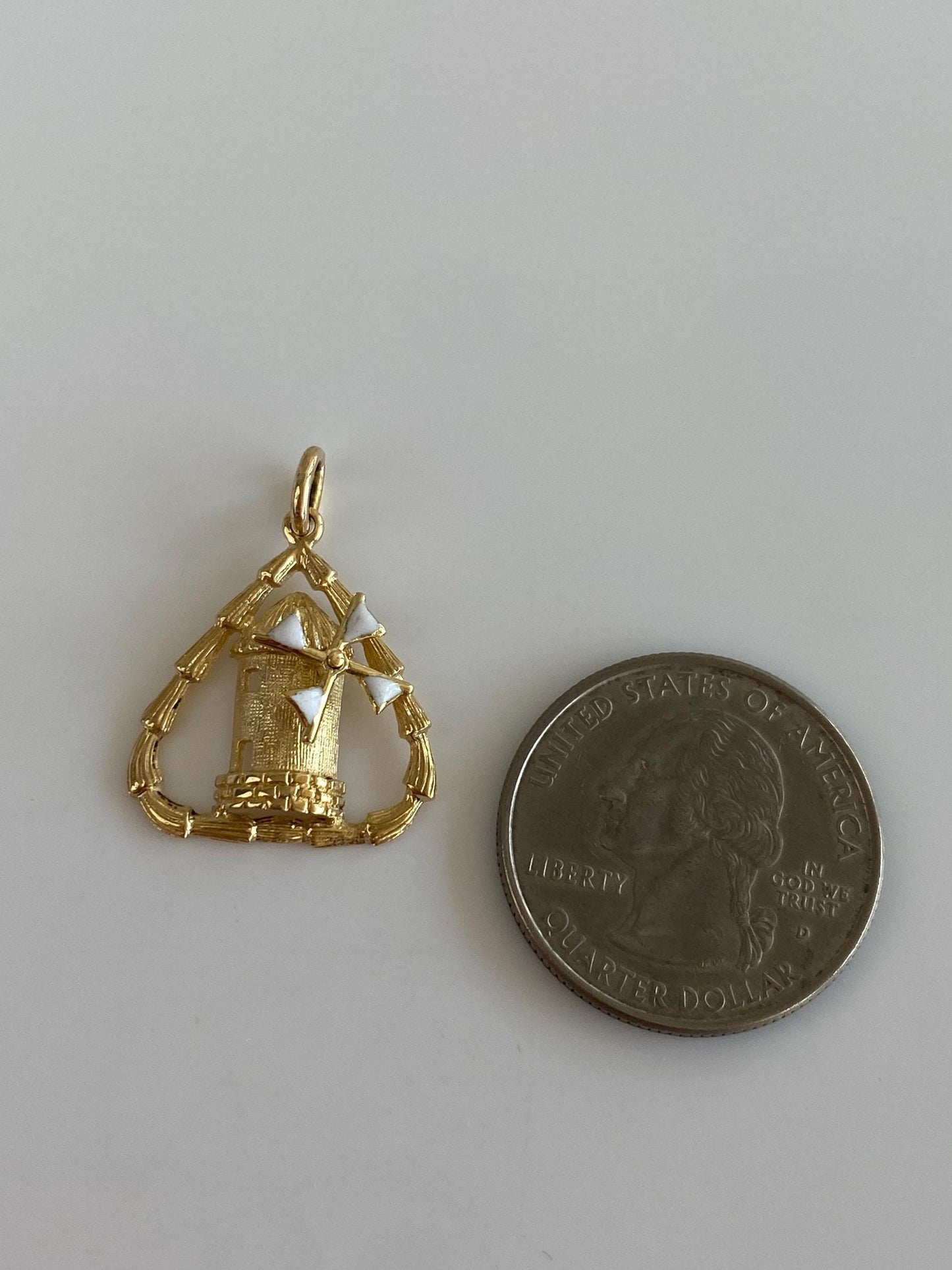 Vintage Solid 18k Yellow Gold Articulated White Enamel Windmill Charm