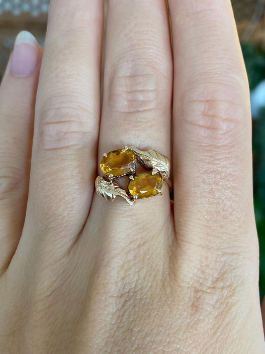 Vintage Solid 14k Yellow Gold Citrine Leaves Ring - Size 7