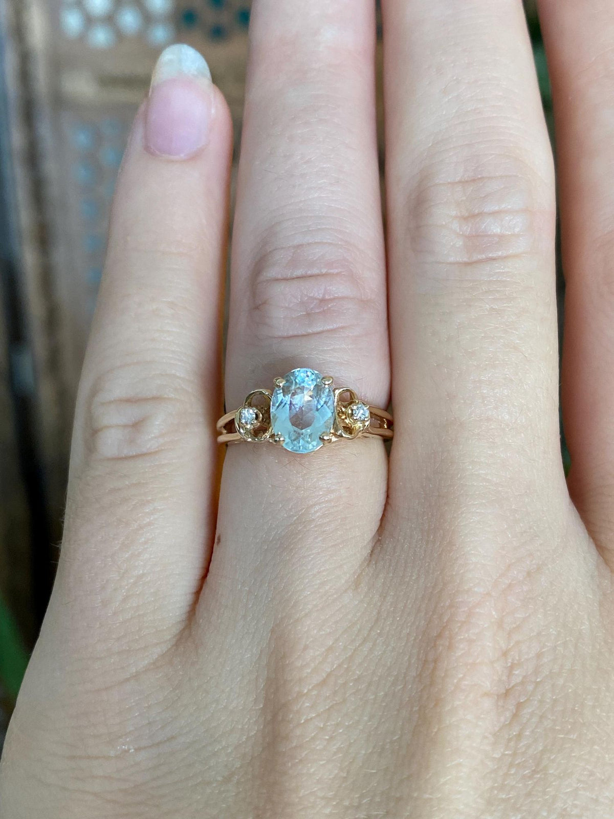 Vintage Solid 14k Yellow Gold Diamonds Aquamarine Ring - Size 5.5