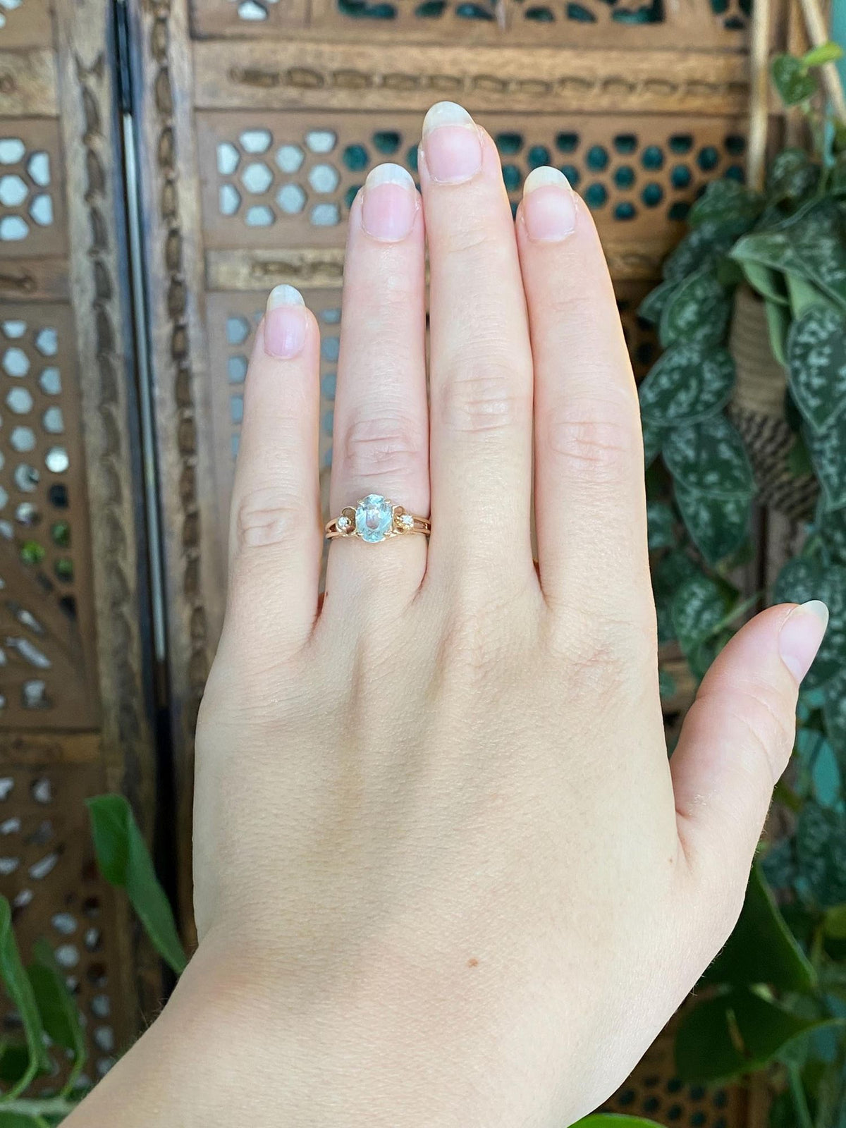 Vintage Solid 14k Yellow Gold Diamonds Aquamarine Ring - Size 5.5