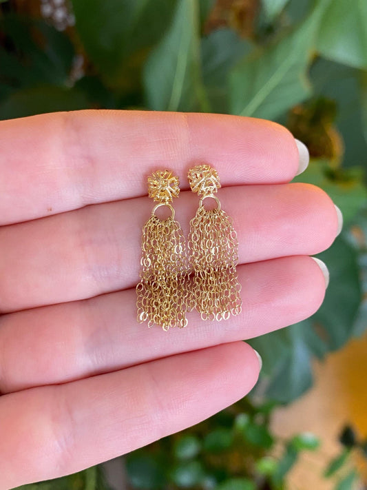 Vintage Solid 14k Yellow Gold Open Work Filigree Ball Cable Chain Fringe Stud Earrings