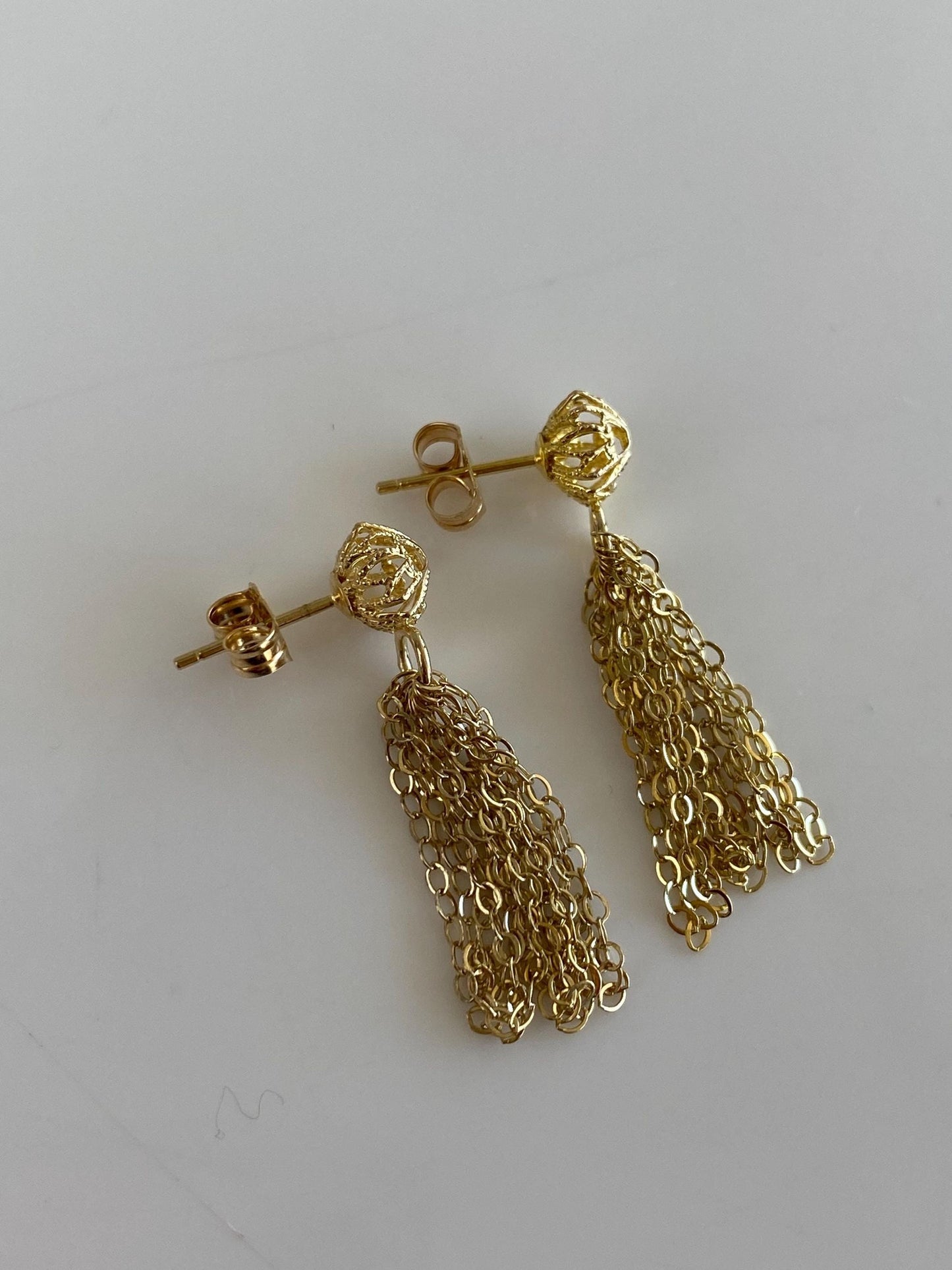 Vintage Solid 14k Yellow Gold Open Work Filigree Ball Cable Chain Fringe Stud Earrings
