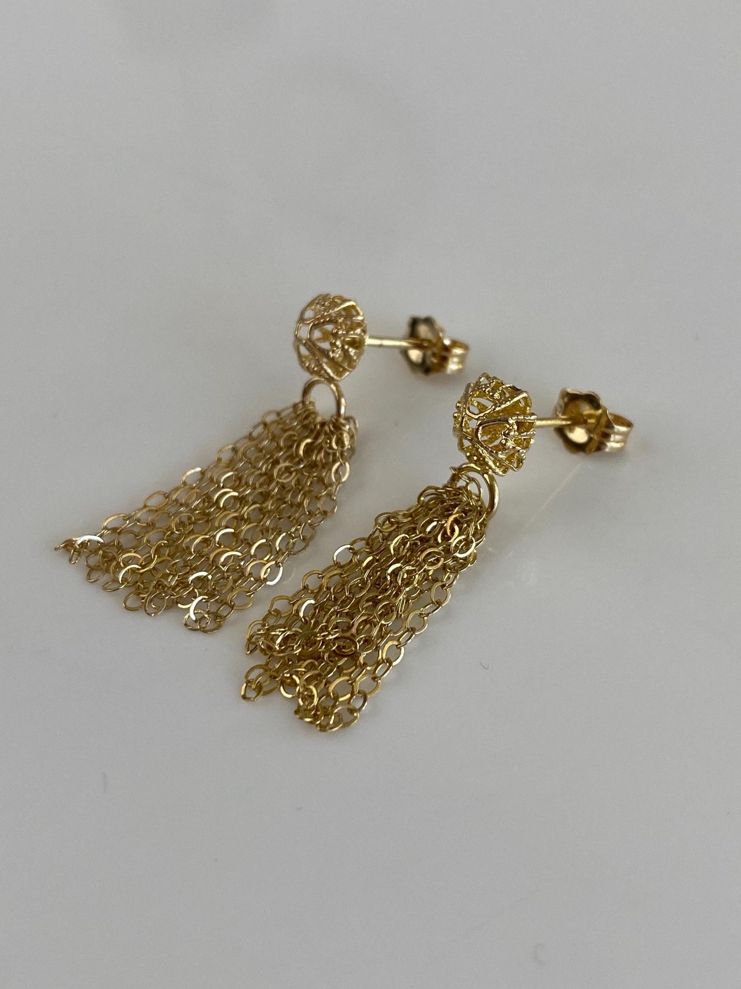 Vintage Solid 14k Yellow Gold Open Work Filigree Ball Cable Chain Fringe Stud Earrings
