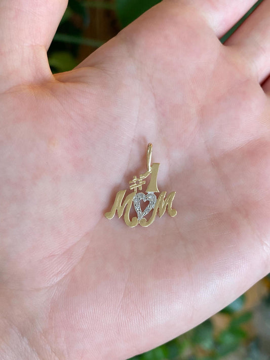 Solid 10k White & Yellow Gold Clear Sapphires #1 Mom Charm