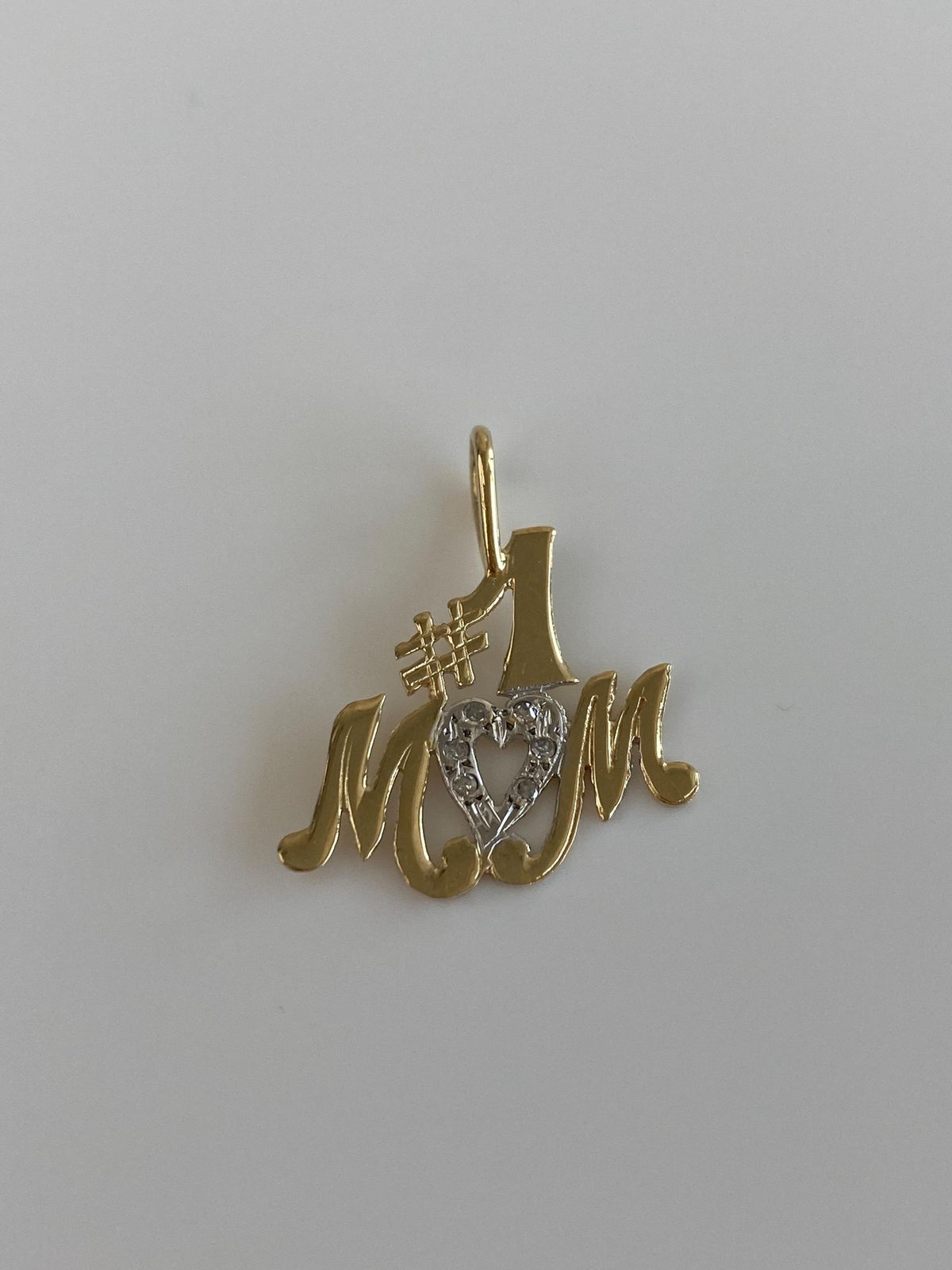 Solid 10k White & Yellow Gold Clear Sapphires #1 Mom Charm