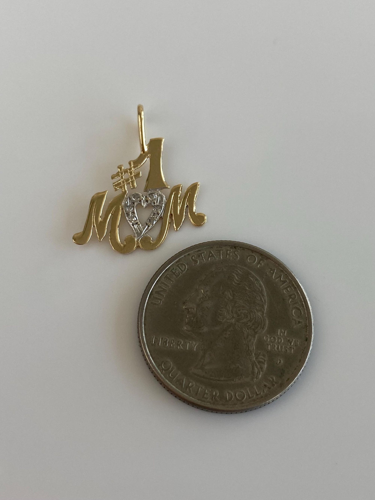 Solid 10k White & Yellow Gold Clear Sapphires #1 Mom Charm