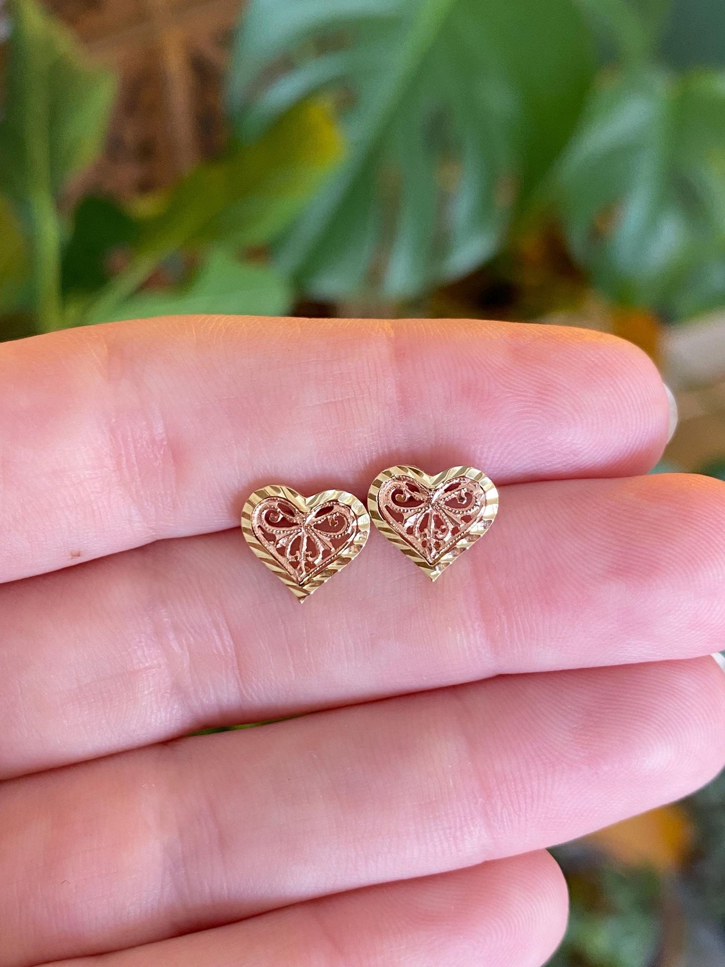 Vintage Solid 14k Rose & Yellow Gold Filigree Heart Stud Earrings