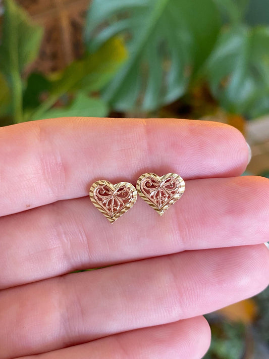 Vintage Solid 14k Rose & Yellow Gold Filigree Heart Stud Earrings