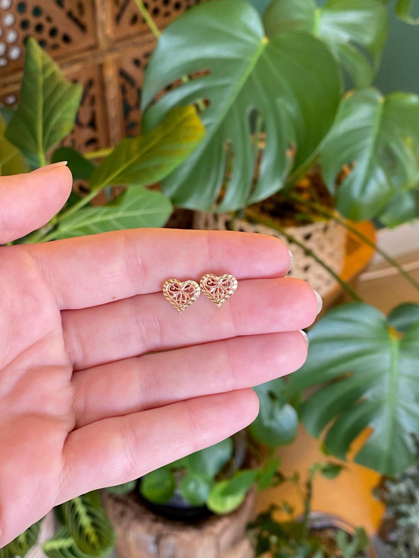 Vintage Solid 14k Rose & Yellow Gold Filigree Heart Stud Earrings